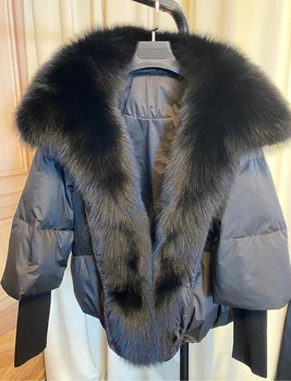 2023 새로운 가을과 겨울 거위로 따뜻한 여성 코트 대형 실제 여우 칼라 두께 럭셔리한 패션 아우터