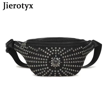 JIEROTYX 여자의 블랙 박힌 가방 가죽 가방 팩 허 Y2K 돈을 범 가방 엉덩이트 벨트 고딕 스타일로 빈티지 리베트