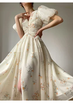 빈티지 인쇄 장 드레스 여성 2023 새로운 프랑스어 여름 V-비즈 푹신한 소매 여성의 옷은 우아한 파티 드레스