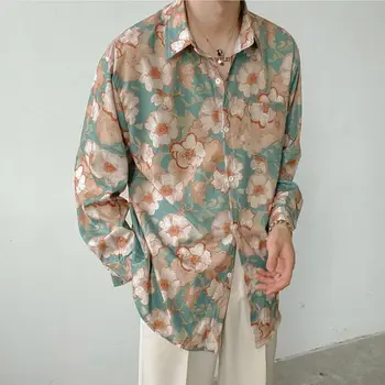 패션 라펠 인쇄 버튼을 느슨한 한국의 셔츠 남성 의류 2023 봄 새로운 캐주얼 상의 긴 소매 모든 일치 셔츠